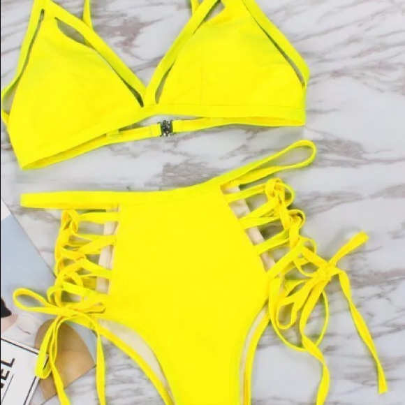 Yellow bikini swimsuit high waist monokini ties up - Picture 4 of 8